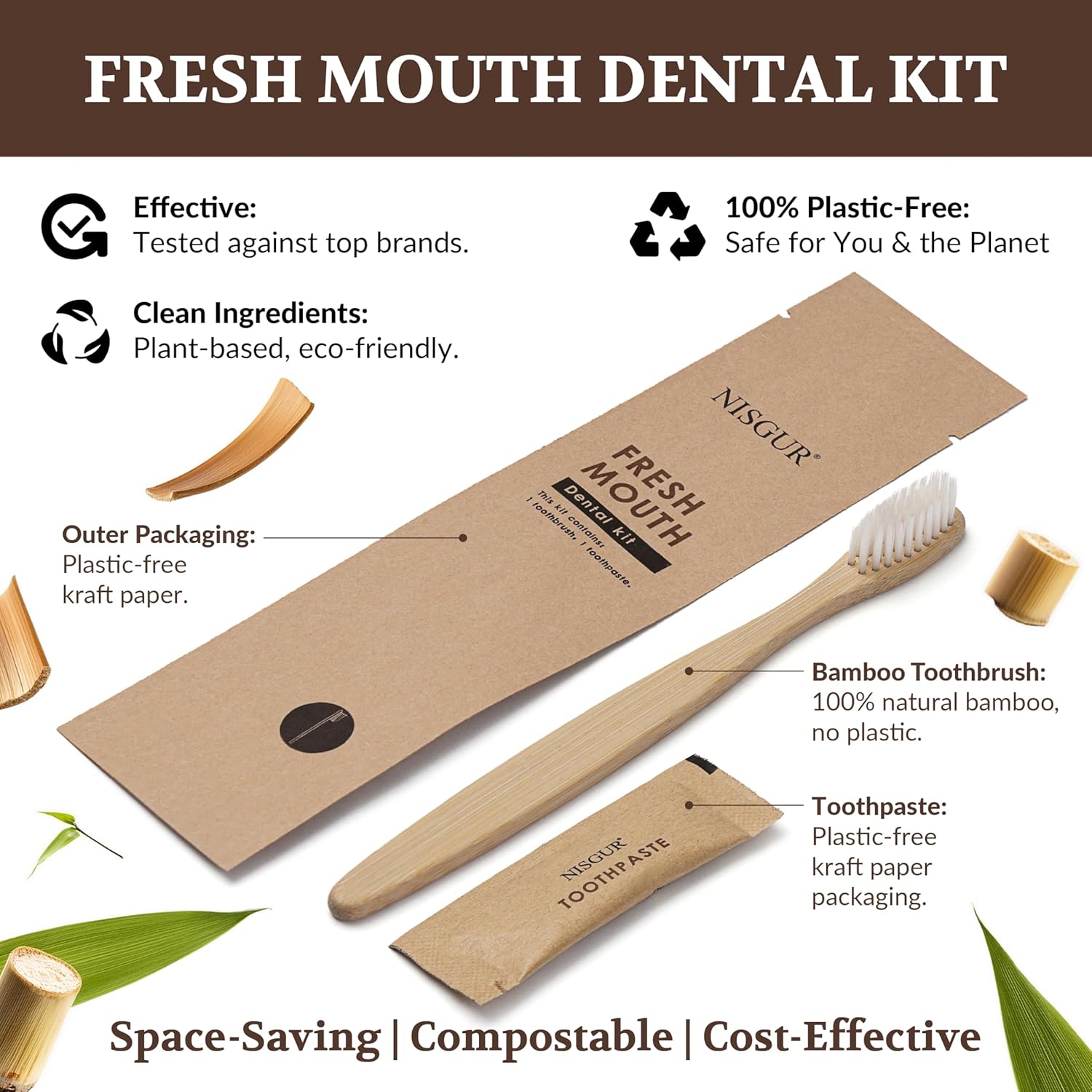 Disposable Toothbrush with Toothpaste Kit 100 Pack Bamboo Toothbrush with Pre-Pasted Set Eco and Non Plastic Individually Wrapped Hotel Supplies and Toiletries for Guests
