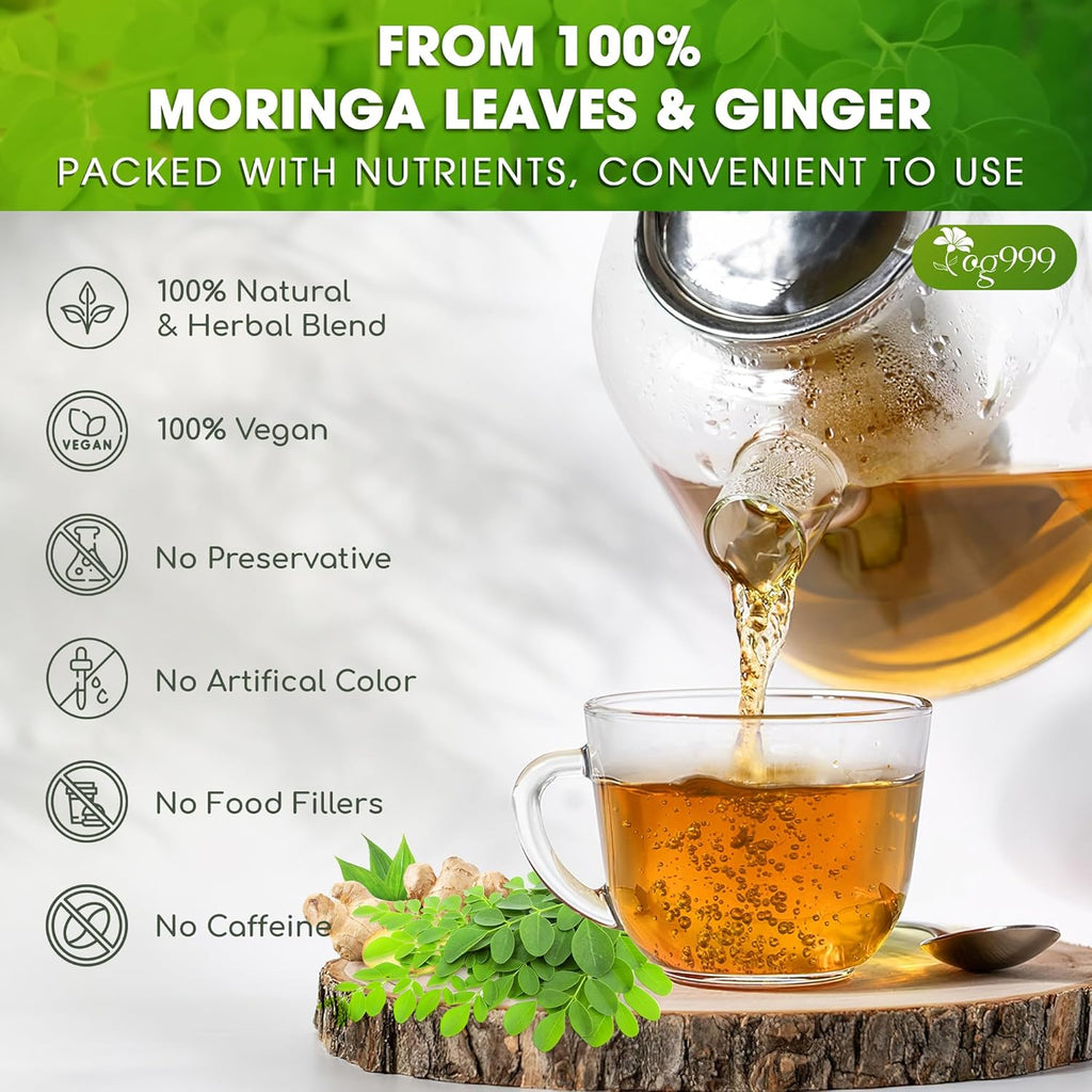 TOG999, Permium Moringa Ginger Herbal Tea – 60 Tea Bags – Caffeine-Free, Smooth & Warming Blend – Pure Ingredients, Sustainably Sourced. No Sugar. No Gluten. Vegan.