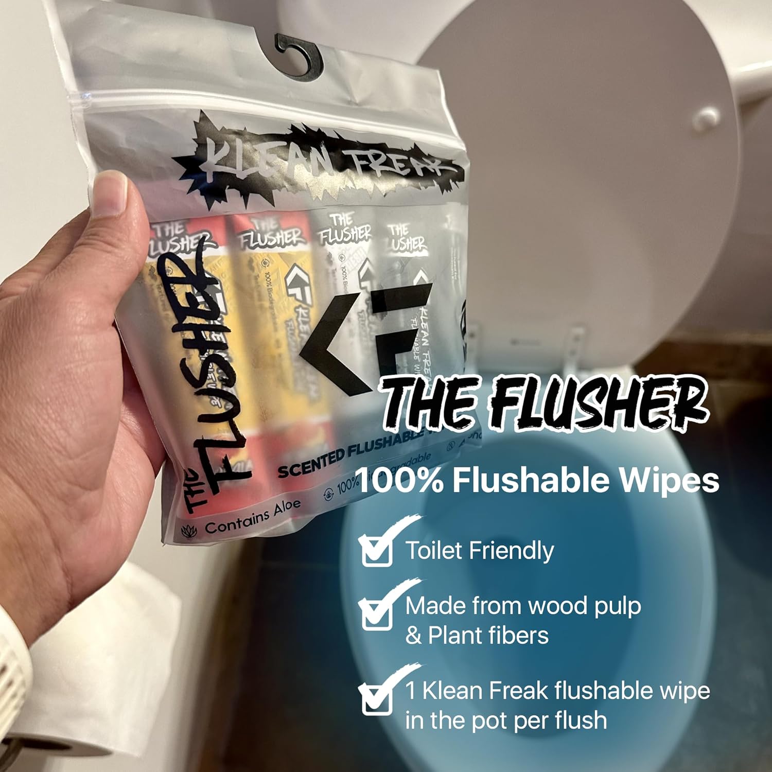 THE KLEAN FREAK FLUSHER - Flushable Wipes For Adults & Kids - 100% BIODEGRADABLE Individual Wrapped Travel WET Wipe for Toilet - Soothing Aloe & Witch Hazel - Alcohol Free 20 Pack -Georgia Peach