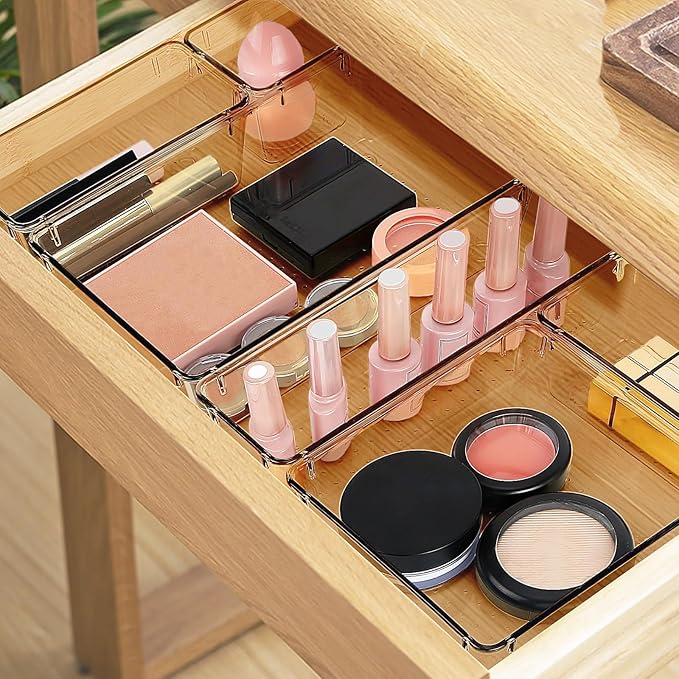 10 PCS Drawer Organizer Set, 5 Varied Size Bathroom and kitchen Drawer cabinet organizer Trays, Clear Storage Bins for Makeup, Jewelry, Utensils and Gadgets, Champagne