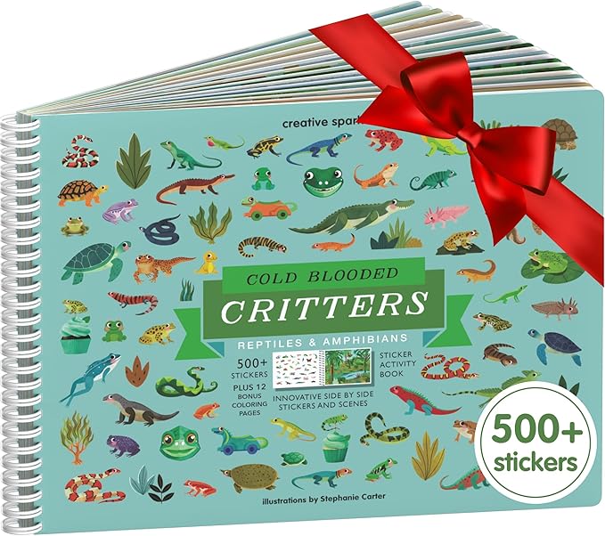 Cupkin Reptiles Sticker Book Activity for Kids, Toddler Airplane Travel Essentials, 500+ Frog Stickers for Kids + 12 Scenes + 12 Coloring Book Pages, Turtle Lover Gift, Crafts Ages 2-8