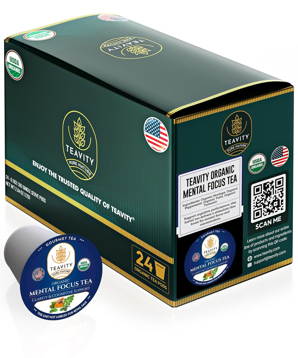Teavity Organic Mental Focus Tea Pods (24 Count) - Moringa, Peppermint, Holy Basil & Turmeric - Naturally Decaf - Keurig Compatible