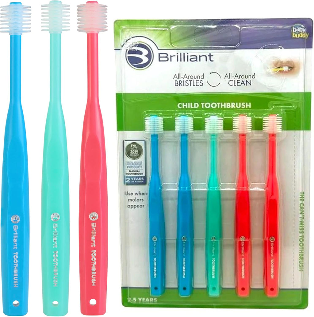 Brilliant Oral Care Child Toothbrush with Soft Bristles and Round Head, for a Kid Approved, Easy to Use All-Around Clean Mouth, Ages 2-5 Years, Assorted Colors, 5 Pack