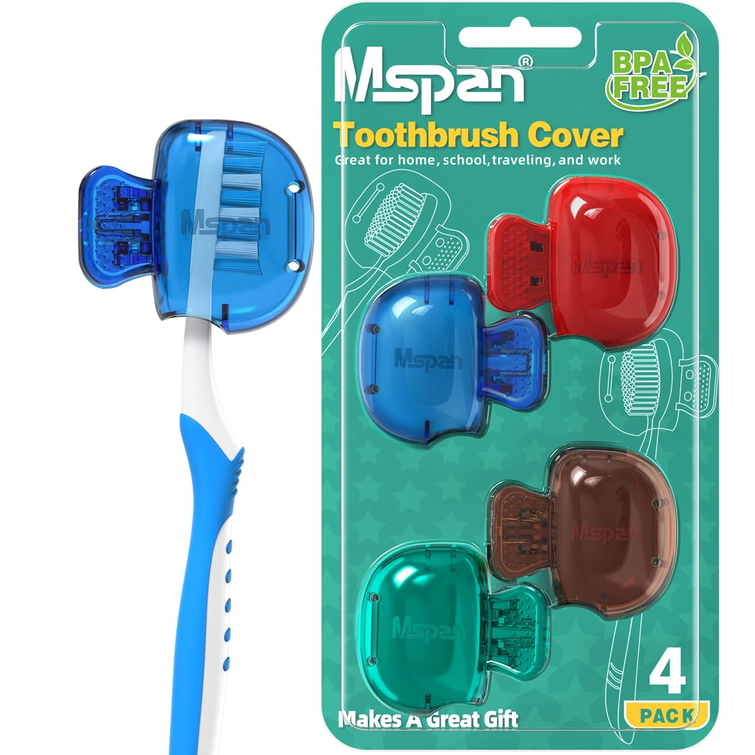 Mspan Toothbrush Head Cover Cap: Tooth Brush Protector Cute Plastic Clip Pod Compatible with Standard & Electric Toothbrush - Travel Case for Traveling & Home - 4 Packs
