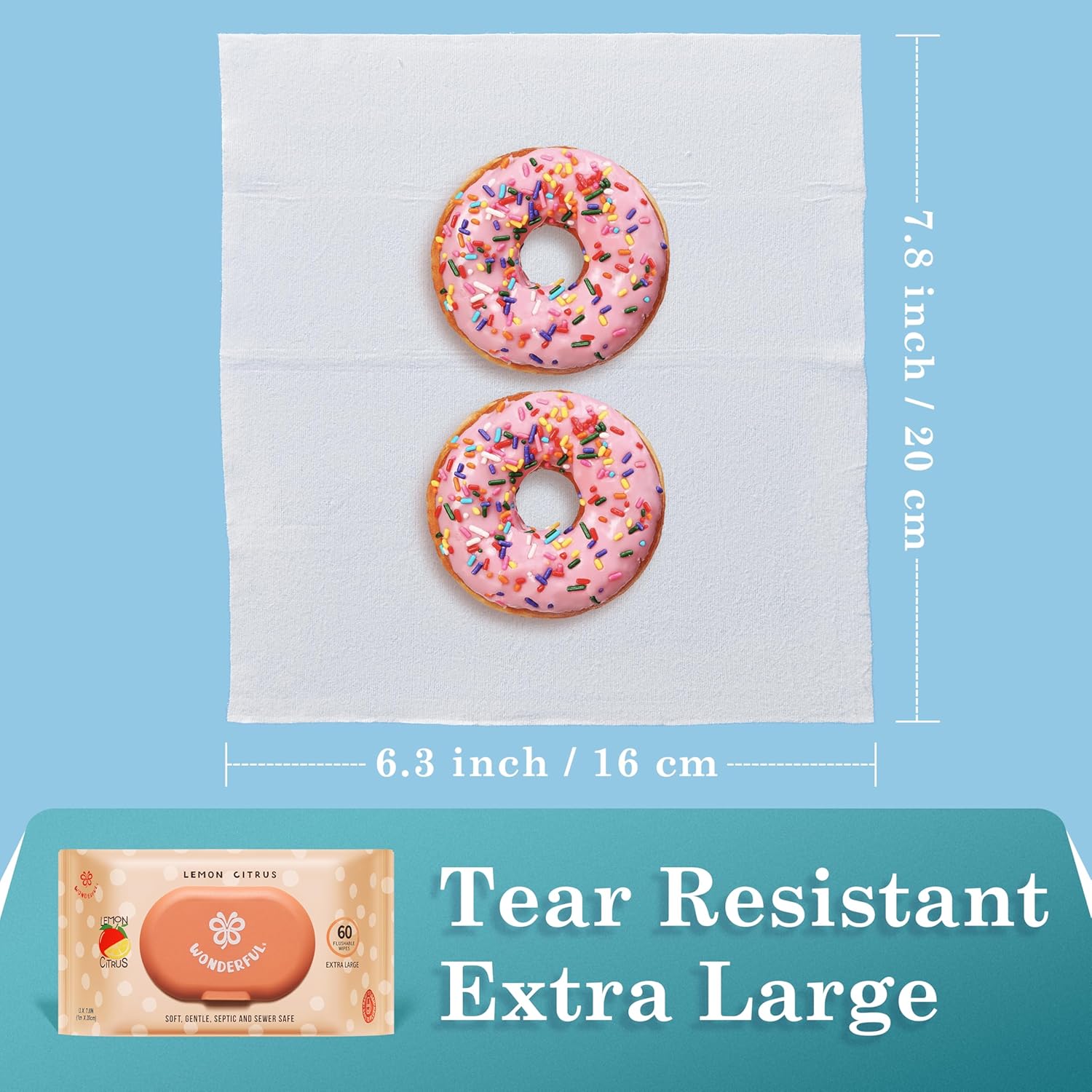 WONDERFUL Flushable Butt Wipes, Lemon Citrus 100% Plant-Based Wet Wipes for Adults & Kids; Sewer, Septic Safe; Gentle for Sensitive Skin, Wipes Flushable Pack for Bathroom & Travel, 3-Pack (180 Wipes)