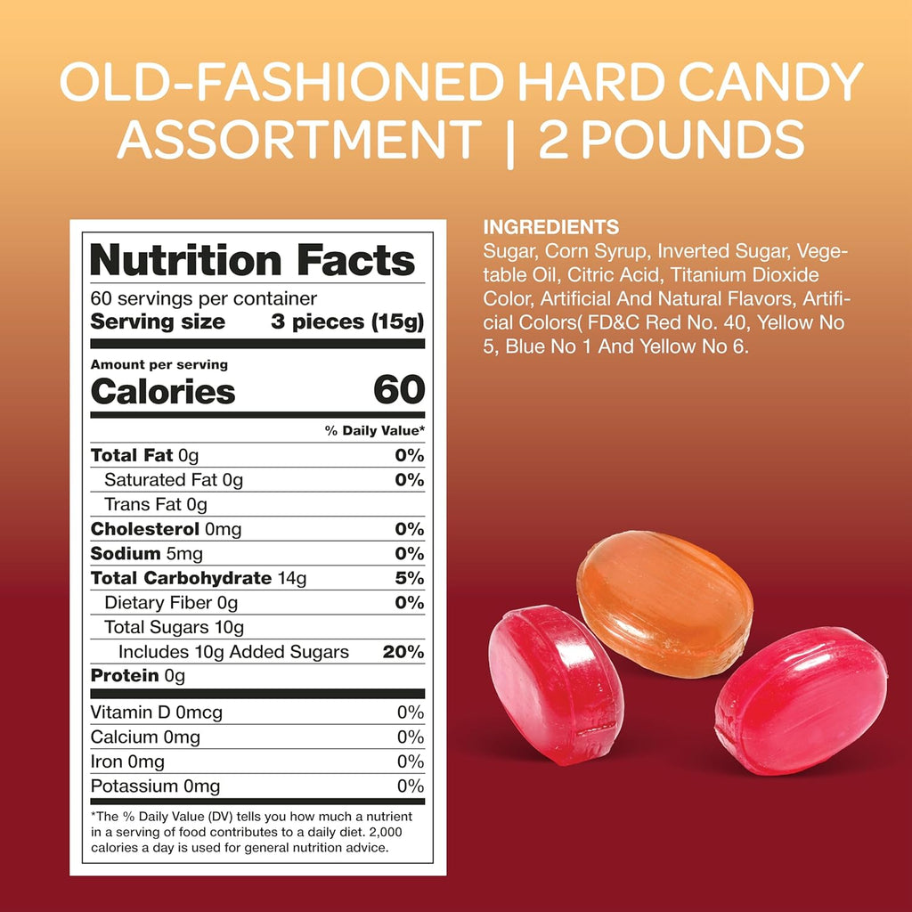 Old Fashioned Mix Hard Candy Assortment - 2 Pound Bag - Individually Wrapped Old School Candy BU- Peppermint, Strawberry, Cinnamon, Butterscotch, and Fruit Flavors