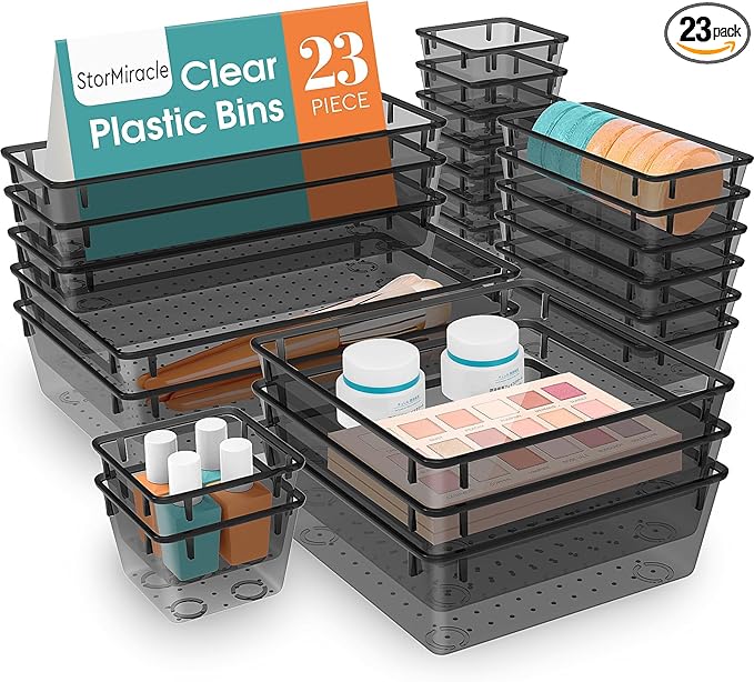 23 PCS Drawer Organizer Set, 5 Varied Size Bathroom and kitchen Drawer cabinet organizer Trays, Clear Storage Bins for Makeup, Jewelry, Utensils and Gadgets, Black