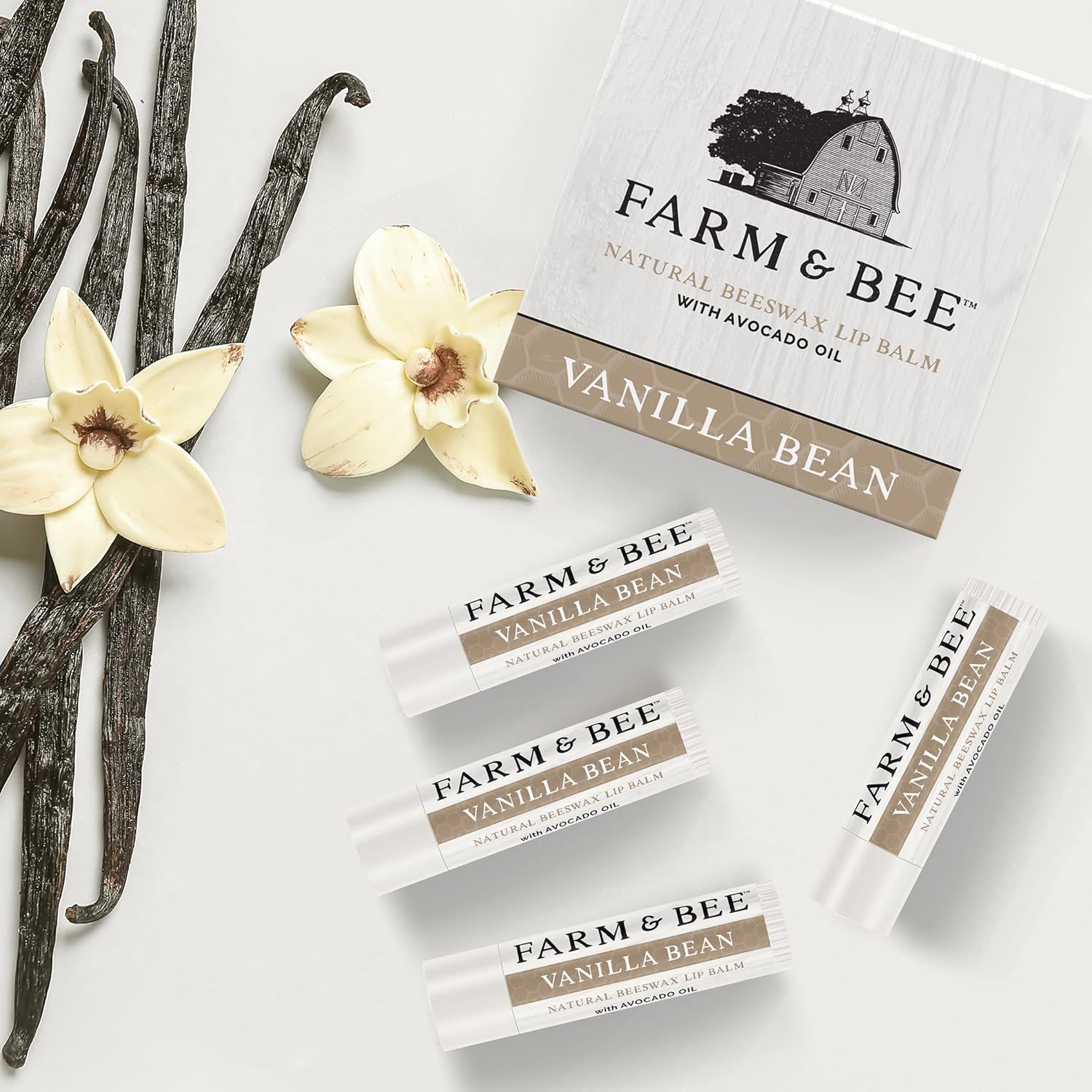 Natural Lip Balm - Organic & Natural Ingredients - Beeswax Based Moisturizing Lip Care Chapstick for Chapped Lips - Great Gift Idea - Farm & Bee - 0.15oz (Pack of 4 - Vanilla Bean)