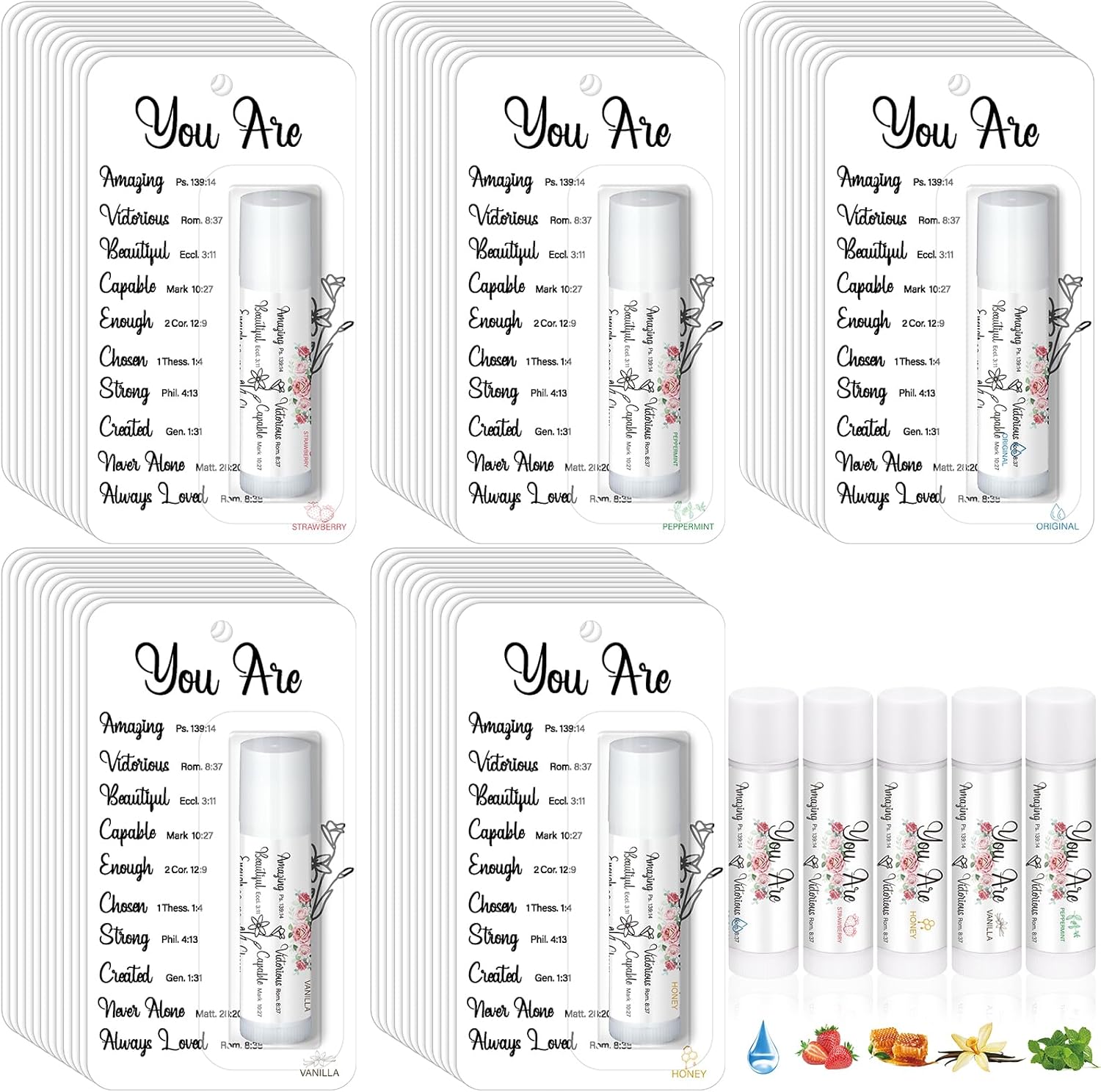 100 Pack Christian Religious Gifts Bulk Bible Verse Lip Balms 5 Flavor for Women Men Christian Religious Church Party Favors with Scripture Inspirational Gifts for Coworkers Staff (Classic)