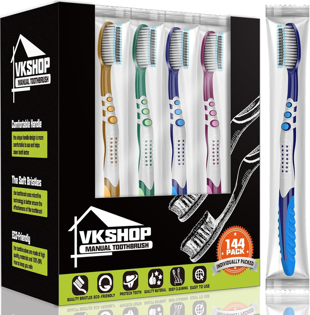 144 Bulk Disposable Toothbrushes, Individually Wrapped Toothbrush, Medium Soft Bristle Tooth Brush Manual Travel Toothbrush Set for Adults Kids
