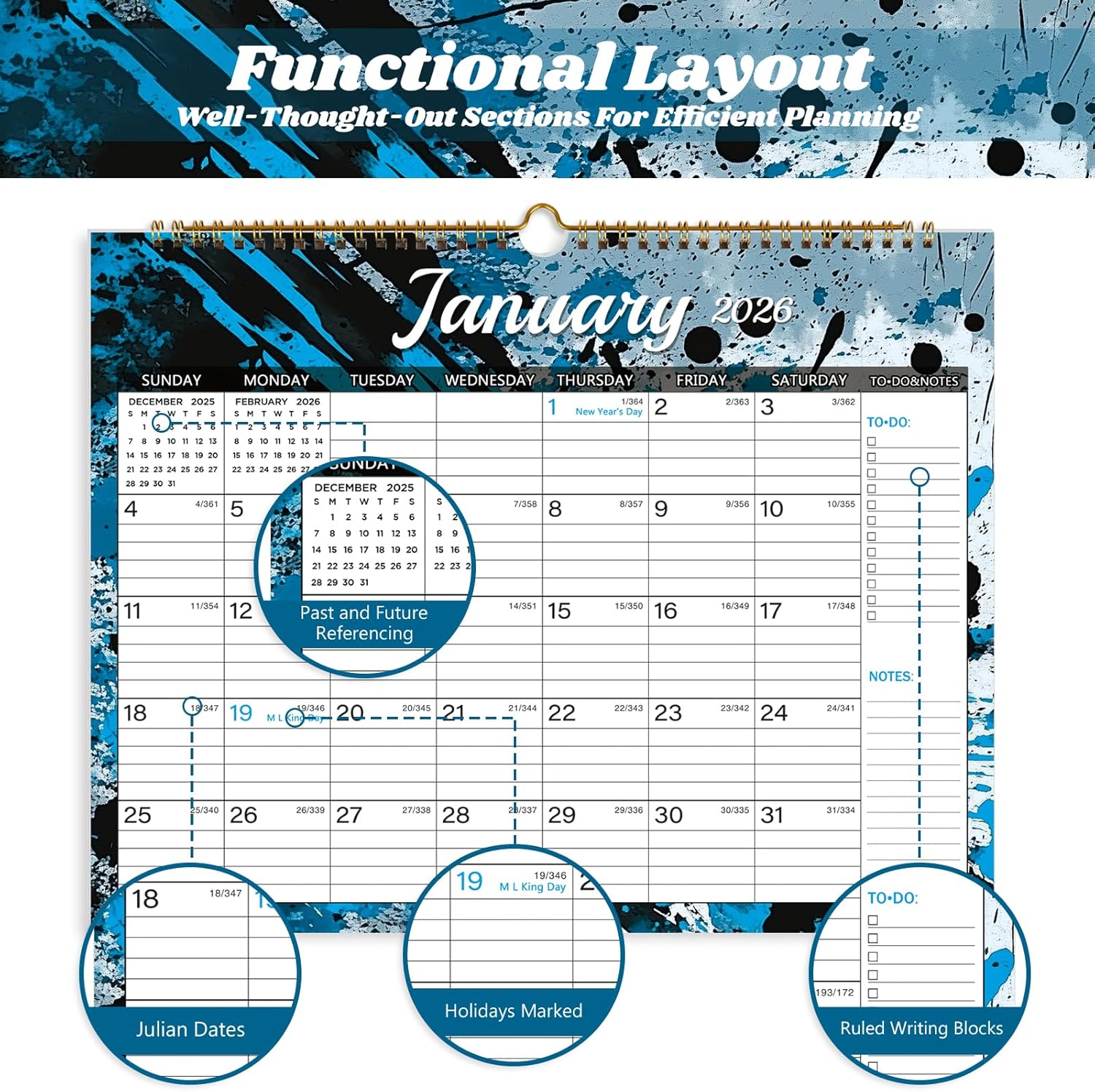 2026 Calendar, Wall Calendar 2026-2027, 18 Month Calendar January 2026 - June 2027, 14.8" X 11.5", Calendar with Twin-Wire Binding, Hanging Hook and Julian Dates (Colorful Ink)