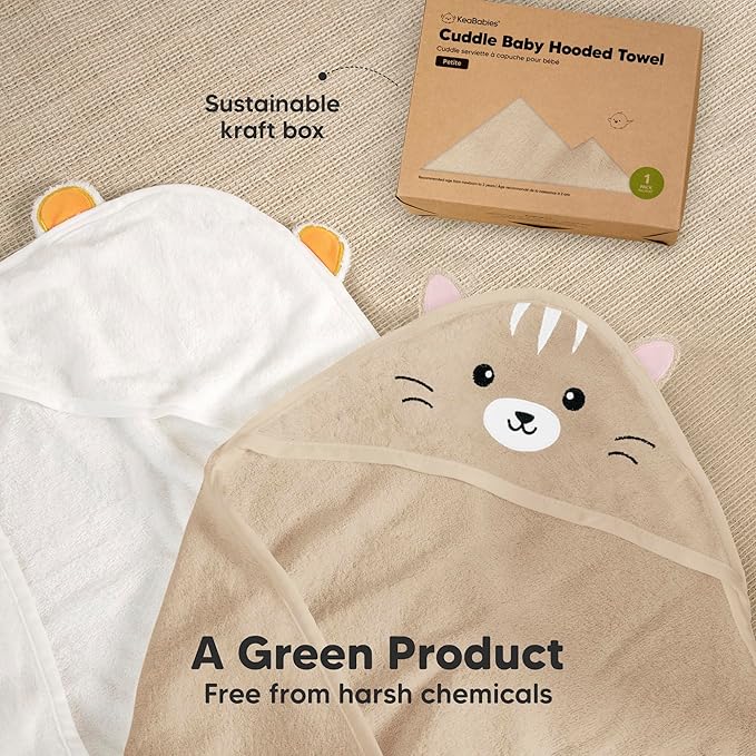 KeaBabies Hooded Baby Towel for Newborn - Viscose Derived from Bamboo Large Baby Bath Towels with Hood for Boys, Girls, Toddler, Extra Absorbent & Soft Newborn Bath Essentials (Cat, Petite)