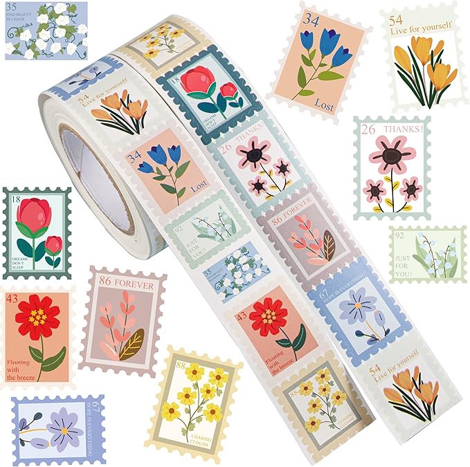 1000PCS Flower Stamp Stickers Roll for Kids, 2 Rolls 10 Styles Floral Sticker Rolls for Scrapbook, Planner, Journal, Envelope, Card Making, Gift Wrapping, Party Favors