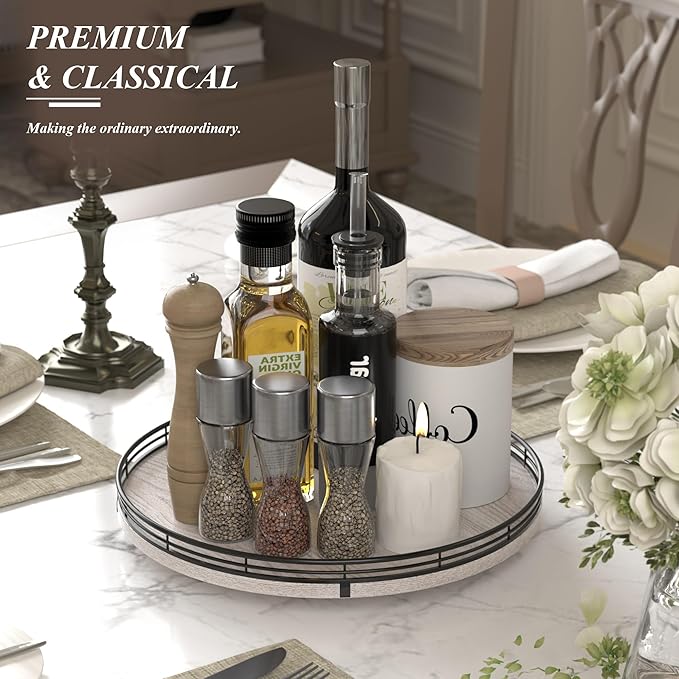 13" Oak Bathroom Vanity Tray Turntable for Perfume Candle, Round Wooden Decorative Tray for Kitchen Sink Countertop Organizer, Bathroom Counter Organizer for Skincare Makeup, Rustic Whitewashed