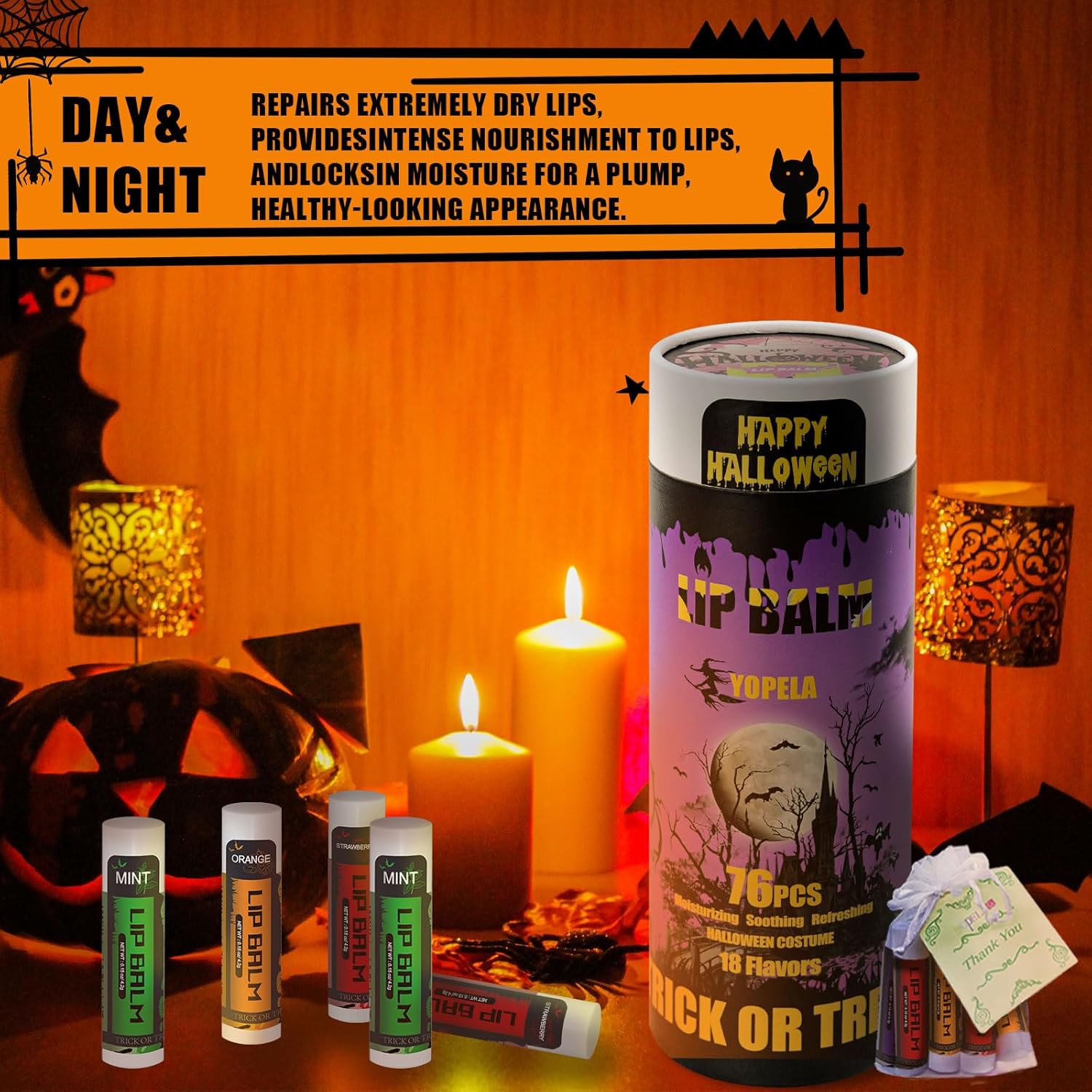 Yopela 76 Packs Halloween Lip Balm,18 Flavors Natural Chap Stick in Bulk, Moisturizing Stocking Dry Lips, Men Women Kids Party Gifts, Lip Care Product with Gift Card
