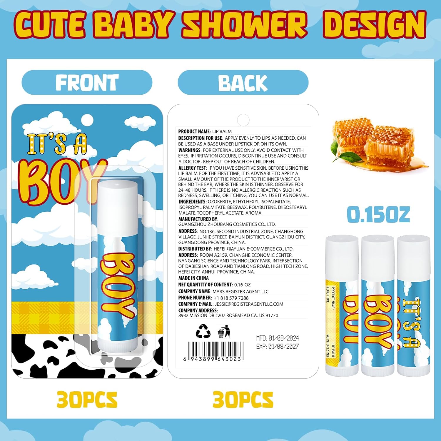 30 Pack It's a Boy Story Baby Shower Games Prizes Party Gifts Bulk Cow Lip Balms Favors for Winners Adults Guests Gender Reveal Favors Decorations Baby Shower Souvenirs Gift Bags Stuffers