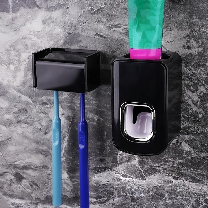 2 Slots Wall Mount Toothbrush Holder with Cover, Self Adhesive Toothbrush Storage Organizer for Shower, Toothbrush Hanger with Automatic Toothpaste Squeezer Dispenser(Black)