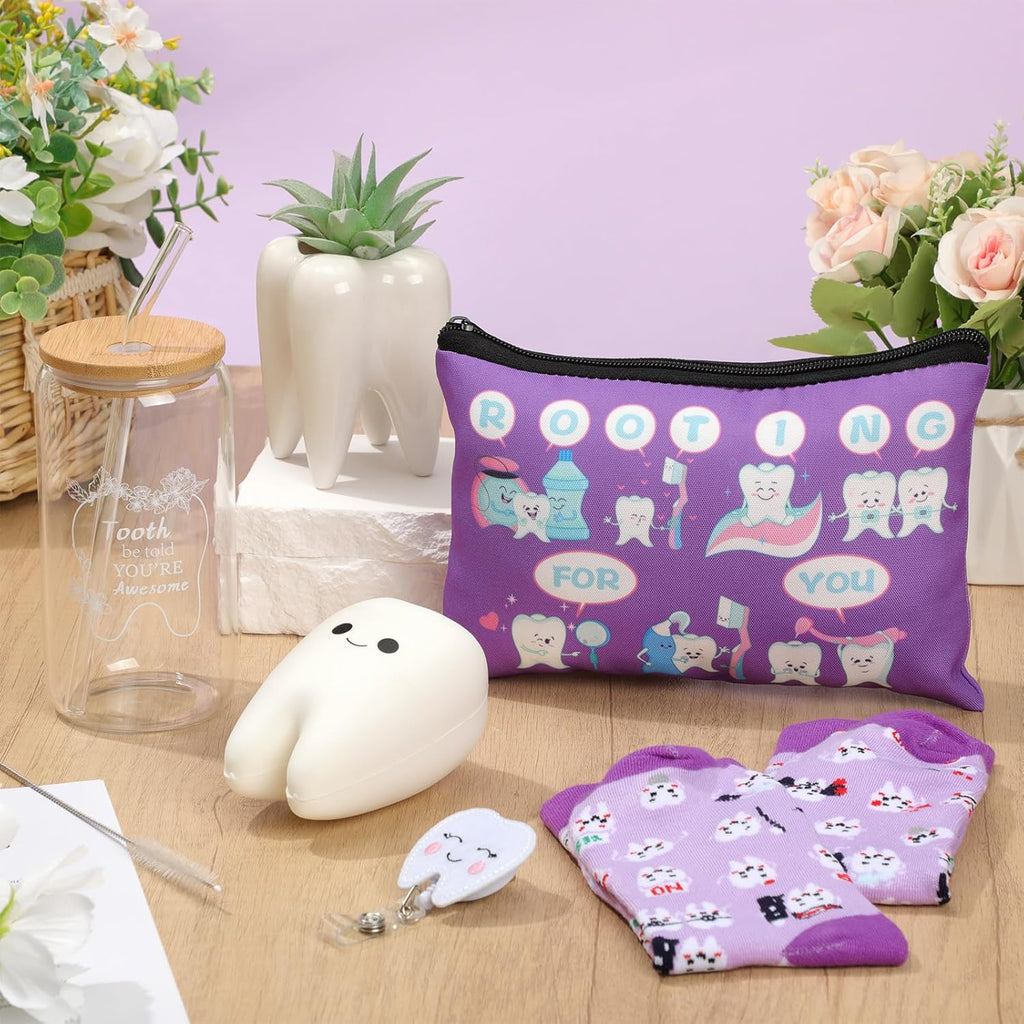 Pickmesh 6 Pcs Dental Gifts Nurse Assistant Hygienist Gifts 16 oz Glass Cups with Lid Makeup Bag Smiling Tooth Shape Felt Badge Holder Ceramic Pen Toothbrush Pot for Women Coworkers(Purple)