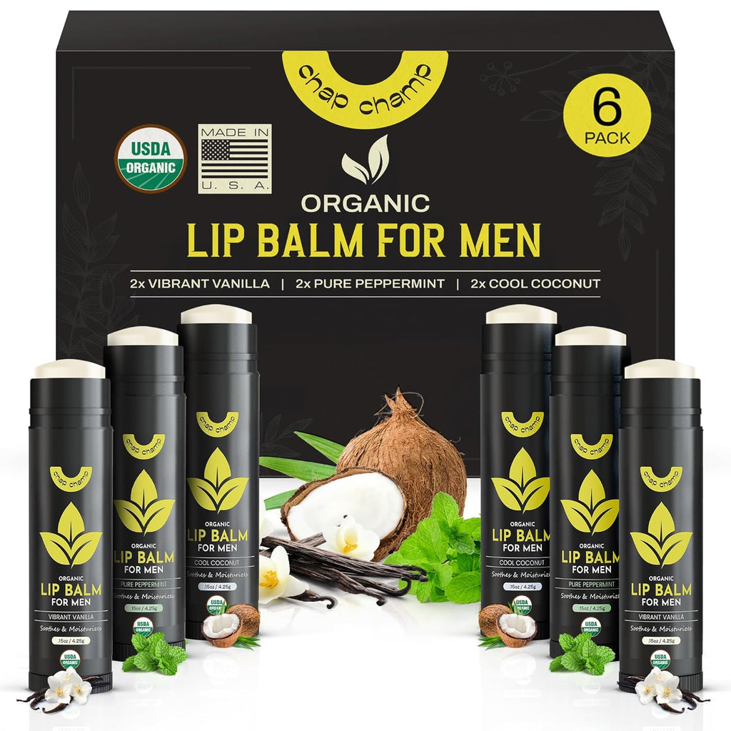 Lip Balm for Men - USDA Organic Certified Chapstick for Men - All Natural Ingredients - Contains Vitamin E and Beeswax - Peppermint, Coconut & Vanilla - MADE IN THE USA (6 pack)