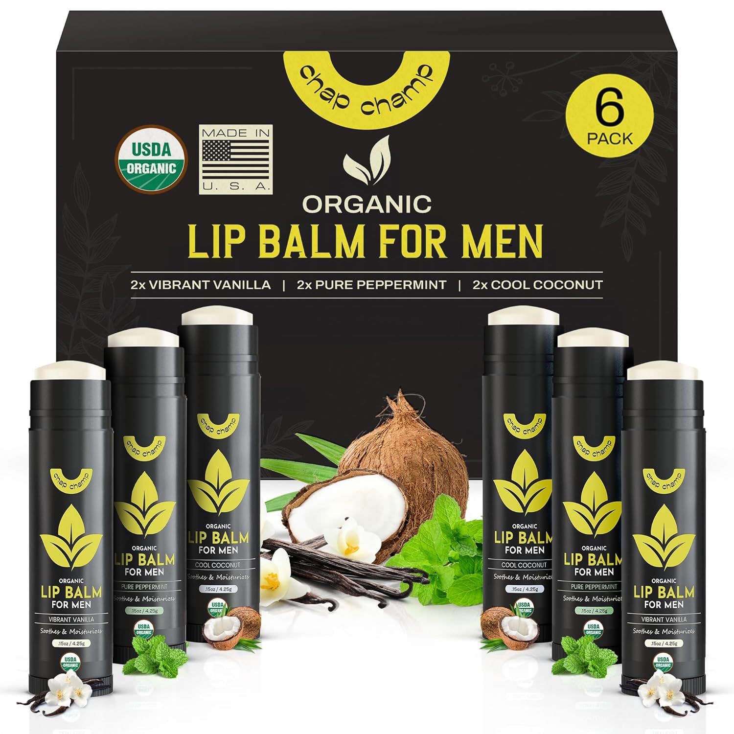 Lip Balm for Men - USDA Organic Certified Chapstick for Men - All Natural Ingredients - Contains Vitamin E and Beeswax - Peppermint, Coconut & Vanilla - MADE IN THE USA (6 pack)