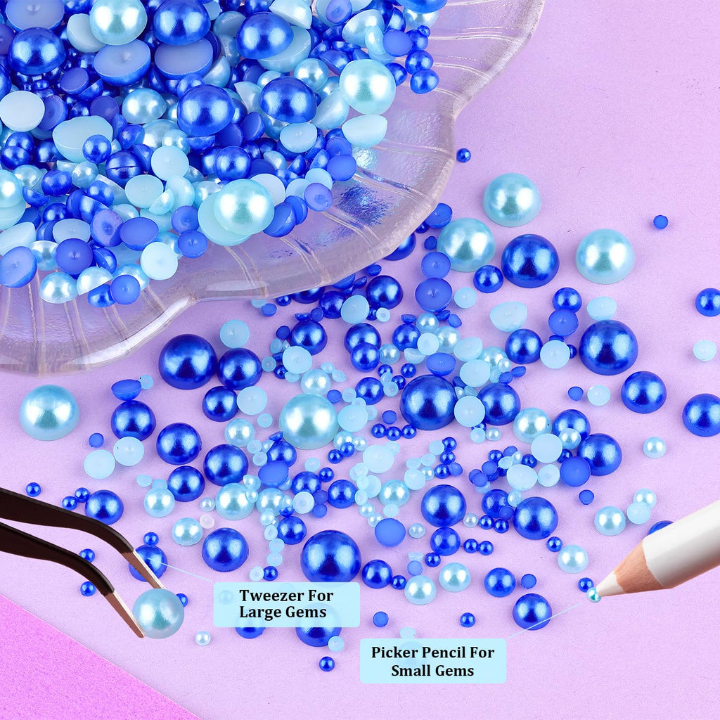 2 Boxes Flat Back Pearls Kit 19 Flatback Blue Series Half Round Pearls 2-8mm with Pickup Pencil and Tweezer for Home DIY and Professional Nail Art, Face Makeup and Craft