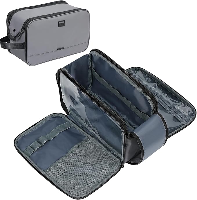 ZEEMO Travel Toiletry Bag for Men, Medium Water-Resistant Double-Sided Full-Open Dopp Kit, Versatile Organizer for Shower and Hygiene Accessories, Bathroom Essentials, Cosmetics, Large, Grey