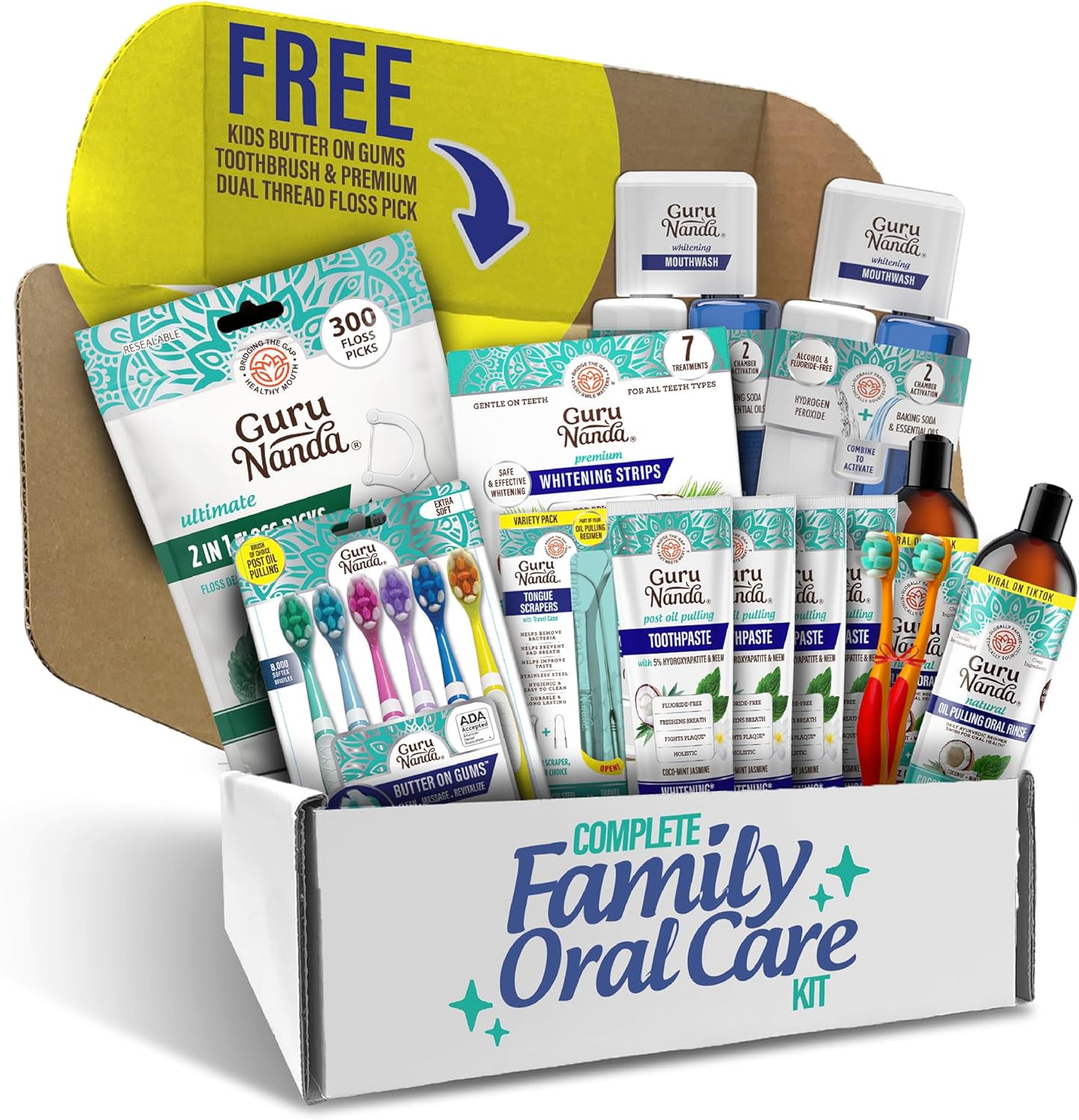 GuruNanda Family Complete Oral Care Set – The Ultimate Routine with Oil Pulling, Toothbrush, Toothpaste, Tongue Scraper, Floss Picks, Mouthwash & Whitening Strips