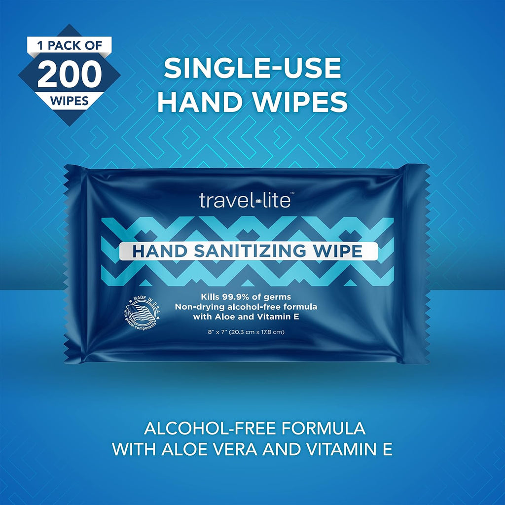 Travel Lite Alcohol-Free Hand Wipes with Aloe Vera and Vitamin E, Fresh Scent 200ct Individually Wrapped Travel Essentials Wipes for Adults and Kids