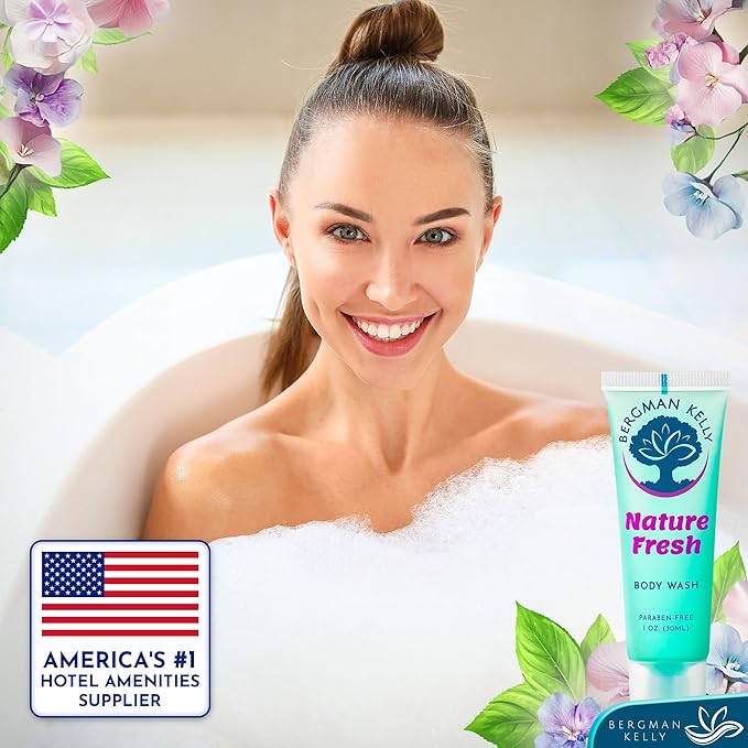 BERGMAN KELLY Travel Size Body Wash (1 fl oz, 100 PK, Nature Fresh), Delight Your Guests with a Refreshing & Soothing Hotel Body Wash, Quality Mini and Small Size Guest Hotel Toiletries in Bulk