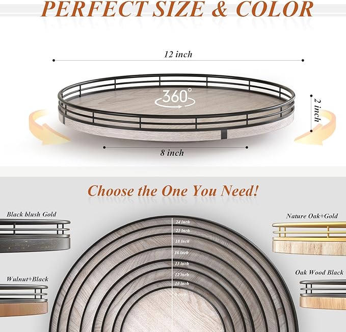 12" Farmhouse Lazy Susan for Kitchen & Coffee Table Decor – Rustic Whitewashed Wood Tray with Black Metal Frame, Decorative Centerpiece for Dining Room, Ottoman, Living Room, Serving or Vanity Use