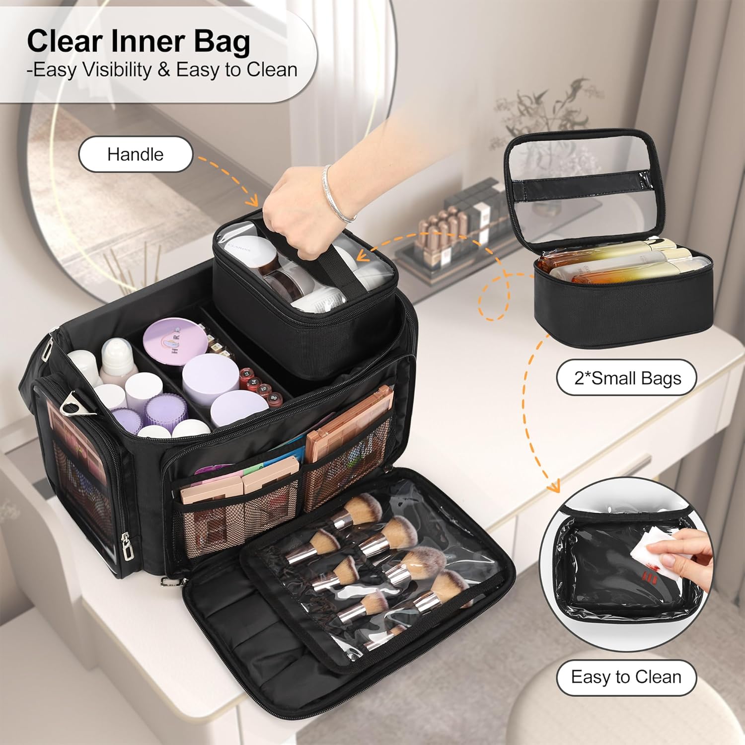 TANTO Travel Makeup Bag, Portable Large Makeup Organizer Bag Makeup Artist Bags Big Cosmetic Travel Bag with 2 Pouches & Detachable Dividers, Toiletry Bag for Cosmetic and Toiletries, Hair Supplies