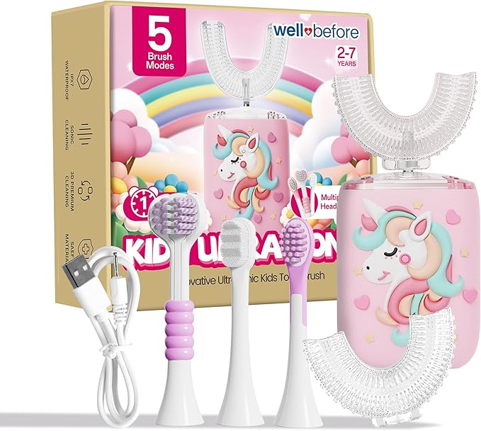 Well Before Ultrasonic Kid's U-Shaped Electric Toothbrush, IPX7 Waterproof, Five Cleaning Modes (Unicorn, Pink Ages 2-7)
