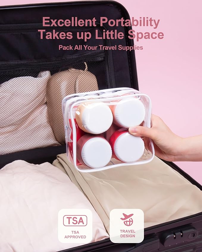 Travel Size Toiletries 8 Pack, TSA Approved 3oz Silicone Squeeze Bottles & Cream Jars with Clear Travel Bag