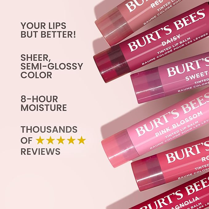 Burts Bees Tinted Lip Balm Pink Blossom; 8 Hour Moisture; Provides a Hint of Color; Nourishing Shea Butter; 100% Natural Origin; 1 Tube; 0.15 Oz. (Package May Vary)