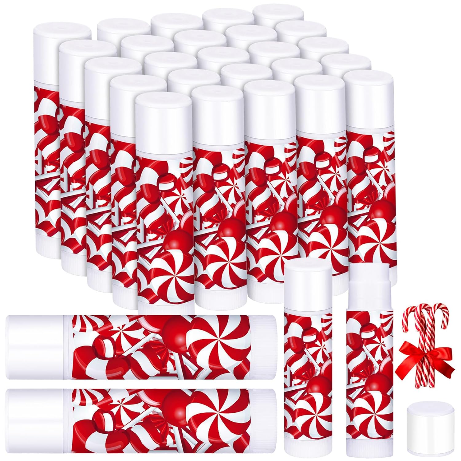 25 Pack Christmas Lip Balms Bulk Christmas Candy Peppermint Cane Scented Holiday Flavor Lip Balm Gifts Xmas Party Gifts Bulk Xmas Items Stocking Stuffers for Women Men Staff Employee (Lollipop 1)