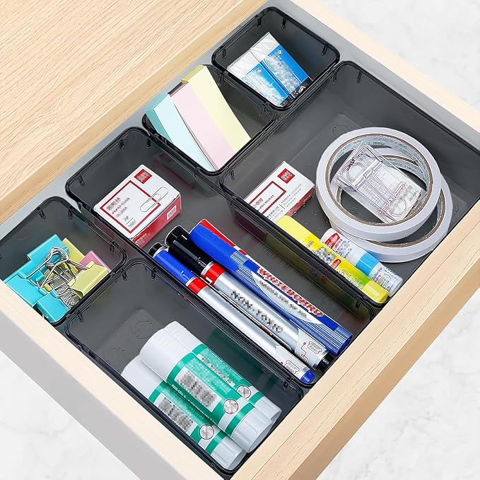 10 PCS Drawer Organizer Set, 4 Varied Size Bathroom and kitchen Drawer cabinet organizer Trays, Clear Storage Bins for Makeup, Jewelry, Utensils and Gadgets, Black