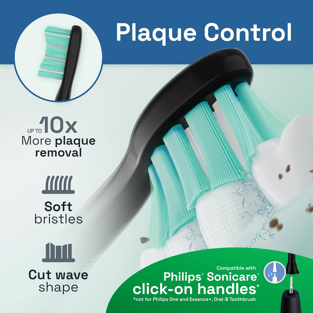 Brushmo Plaque Control Replacement Toothbrush Heads, Compatible with Philips Sonicare Click-on Electric Toothbrush Handles, 8 Standard Replacement Heads, SoftDuPont Bristles, BM928bk, Black