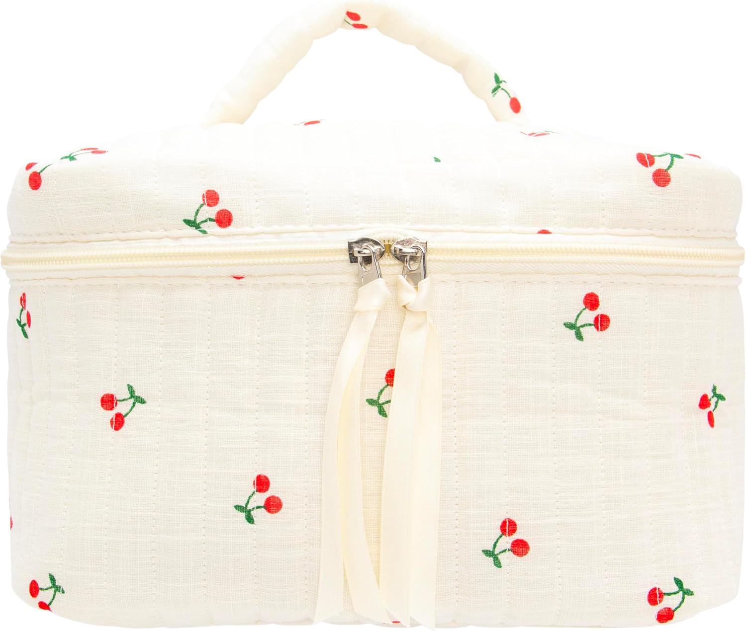 PAZIMIIK Quilted Makeup Bag Large Travel Zipper Soft Cosmetic Case for Women Girls Make Up,Cherry Beige