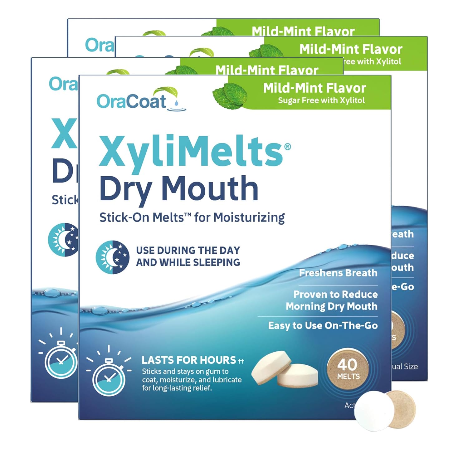 Oracoat XyliMelts for Dry Mouth Night Time or Day - Moisturizing Dry Mouth Adhering Discs, Sugar Free with Xylitol, 40 Count - Pack of 4, Mild Mint Flavor, 8-Hour Relief