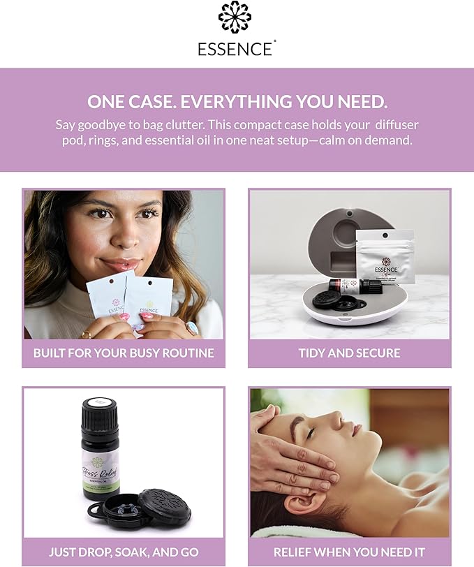 Essence Pearl Travel Case - Wearable Aromatherapy Kit with Nasal Diffuser Rings, Soaking Bay, and 5mL Essential Oil – Portable Wellness Gift Set for On?The?Go Self Care
