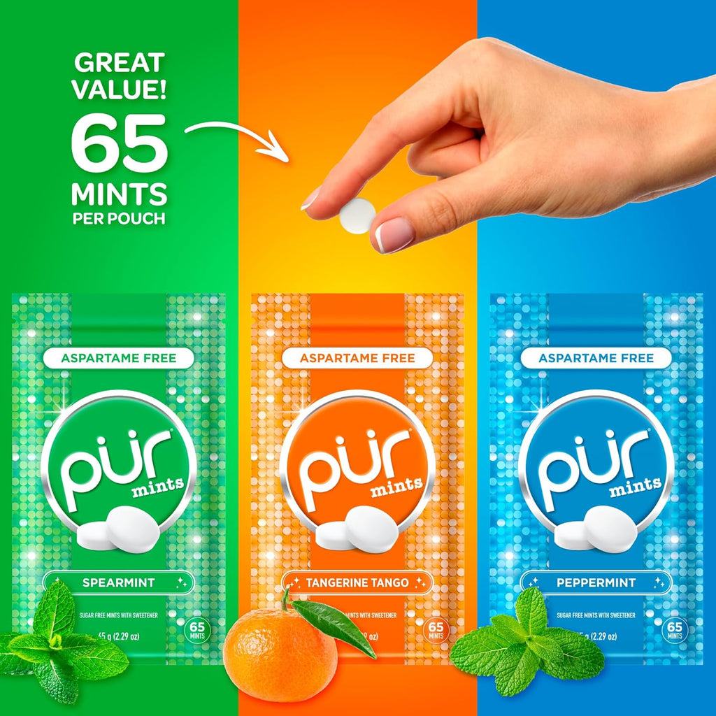 PUR Mints | Aspartame Free Breath Mints | Made with Xylitol | Sugar Free, Vegan, Gluten Free | Natural Flavor, Variety Pack | 65 Pieces in Re-Sealable pouch (Pack of 3)