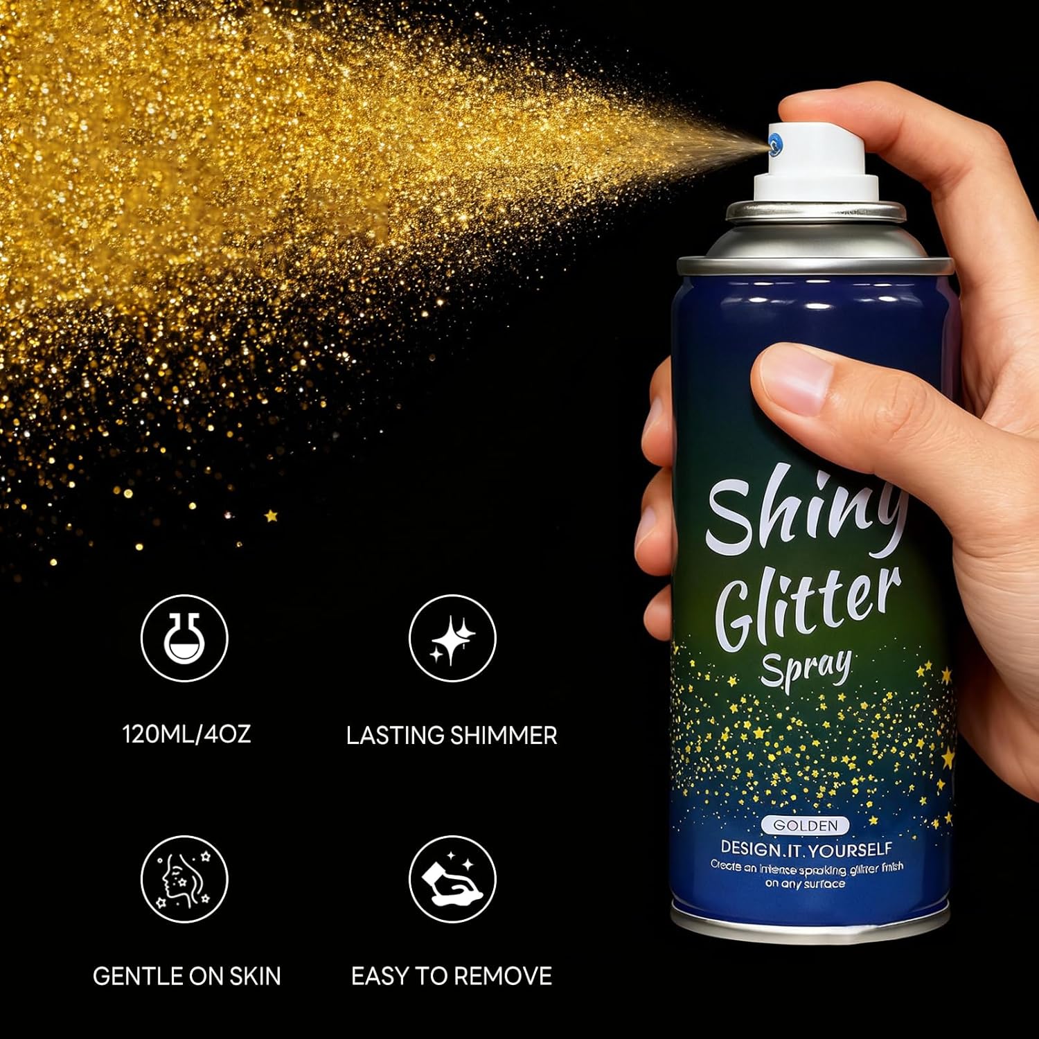 Pure Gold Glitter Spray for Face, Body, Hair and Clothes, Holographic Glitter Hairspray for Festival, Rave, Prom, Concert, Stage Makeup, Quick Dry, Long Lasting Shimmer, Lightweight, 4.05 fl oz