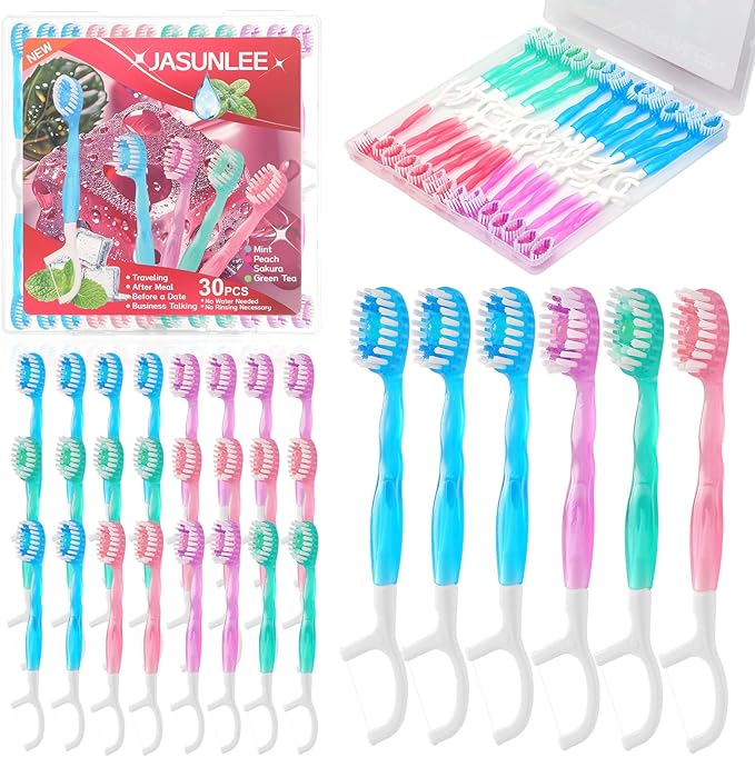 JASUNLEE 30Pack Disposable Toothbrushes with Toothpaste Tongue Scraper Floss Pick 5-in-1 Mini Portable Pre-Pasted Travel Toothbrush On The Go Toothbrush for Kids Adult