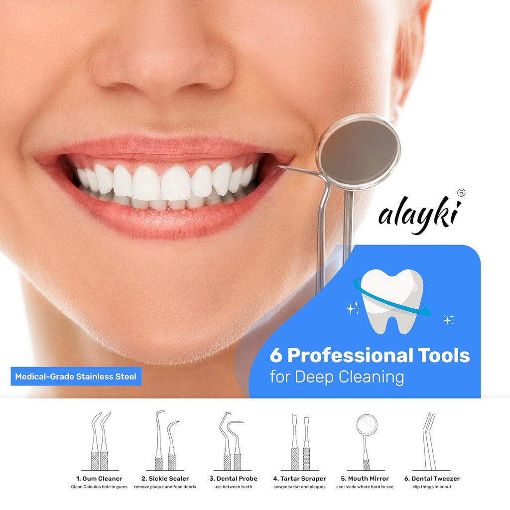 Stainless Steel Dental Kit - 6 Pack Dental Tools with Tooth Mirror, Dental Hygiene Kit for Adults, Kids, Dogs with Mirror, Picks, Travel Case (Blue)