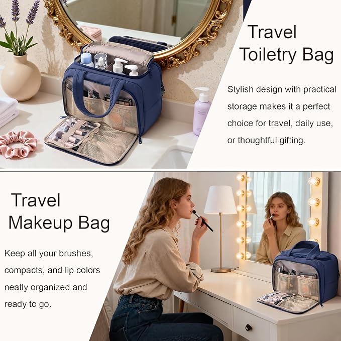 Travel Toiletry Bag, Lightweight Wide-open Large Puffy Toiletry Bag for Women, Quilted Makeup Bag Organizer Water-resistant Cosmetic Bag with Handle for Toiletries, Essentials, Accessories