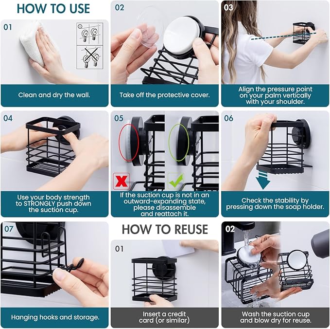 TAILI Patented Suction Cup Toothbrush Holder, Stainless Steel Anti-puddling Shower Toothbrush Holder, No Drilling Removable Organizer for Bathroom Toothpaste, Razor, Kitchen and Office Items, Black