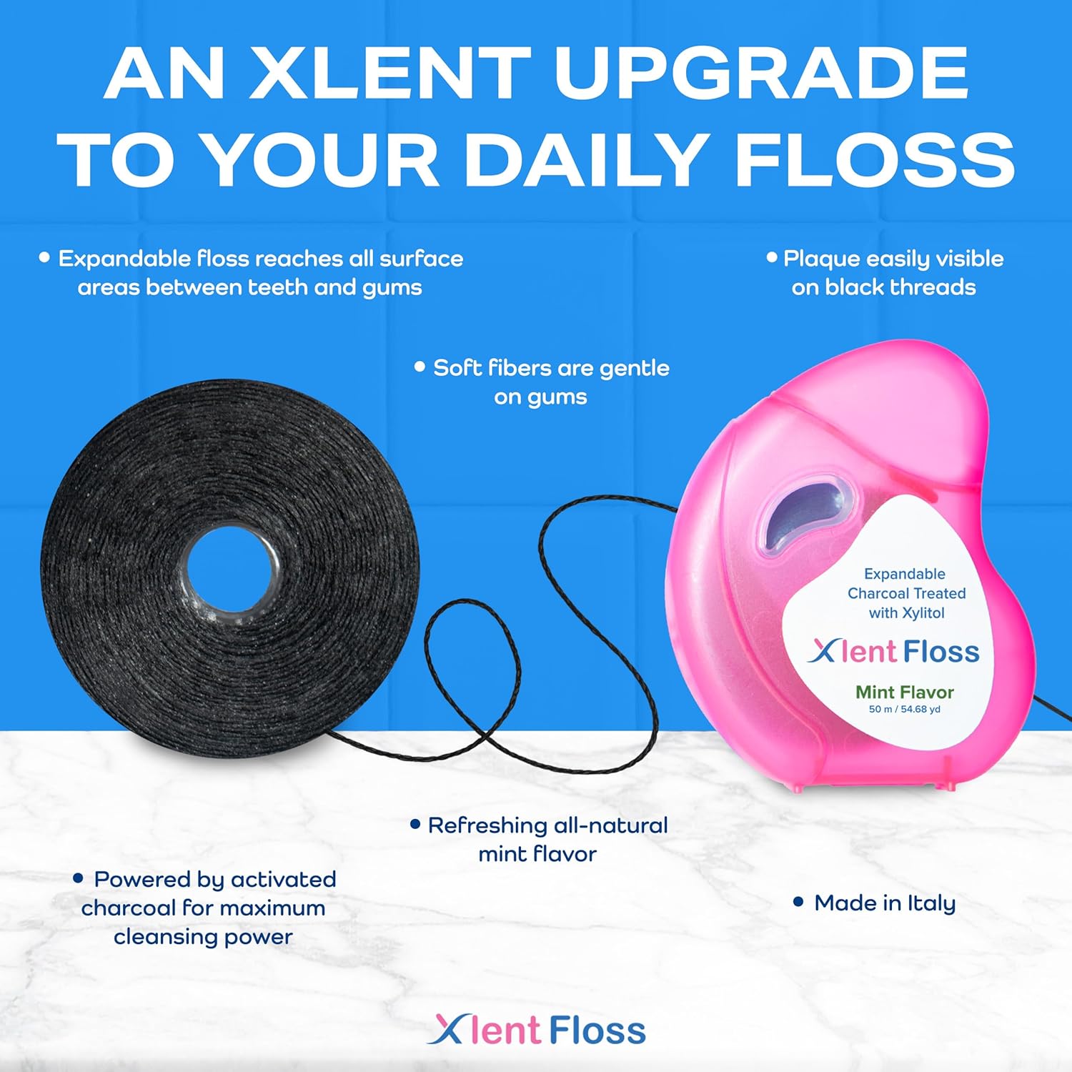 Expandable Dental Floss Treated with Activated Charcoal with Xylitol and Natural Plant Based Wax | Mint Flavor | PFAS & PTFE Free | Pack of 2 (50 m Floss Containers)