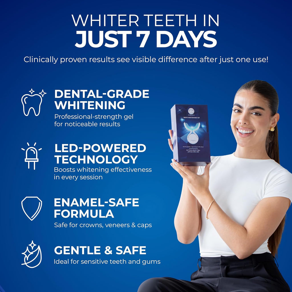 Premium Teeth Whitening Kit with a Rechargeable Wireless Red and Blue UV Whitening Spectrum LED Lights Accelerator Mouthpiece, a Sanitizing Travel Storage Case & Three 2 ml Whitening Gel Pen