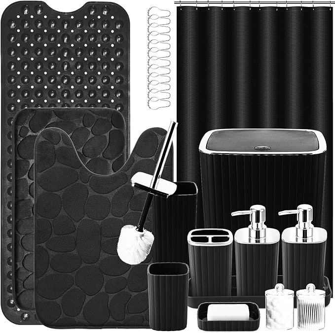 26PC Bathroom Accessories Set - Gorgeous Black Bathroom Set, Bathroom Accessory Set, Black Shower Curtain Set with Bathtub Mats for Shower Tub