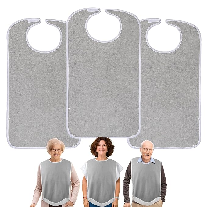 3 Pack Premium Unisex Adult Bibs for Elderly Women Men, Waterproof Bib for Eating, Adjustable and Washable (Grey)